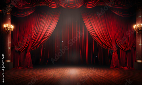 Mystical Theater, Enchanting stage, red curtains, and captivating spotlight