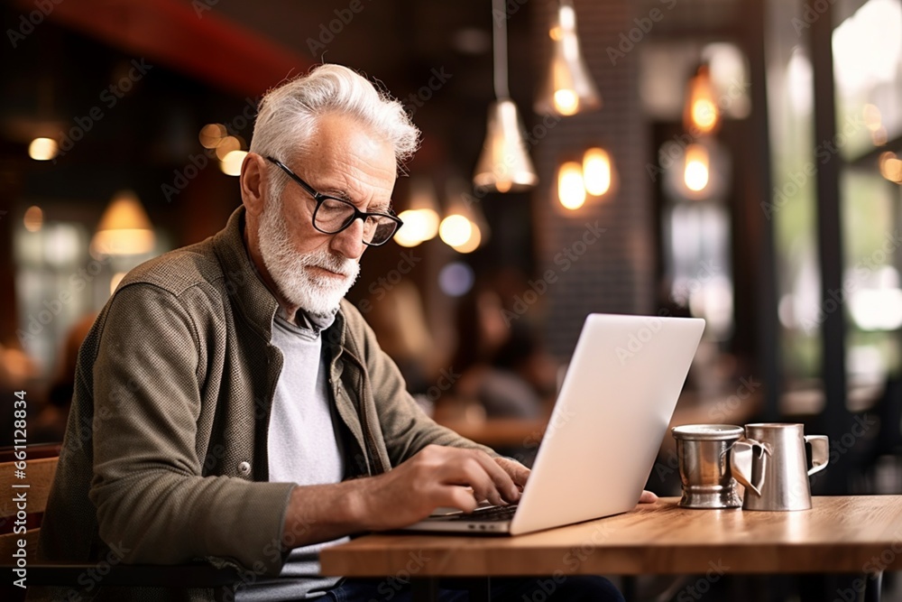 old mature man using laptop in cafe