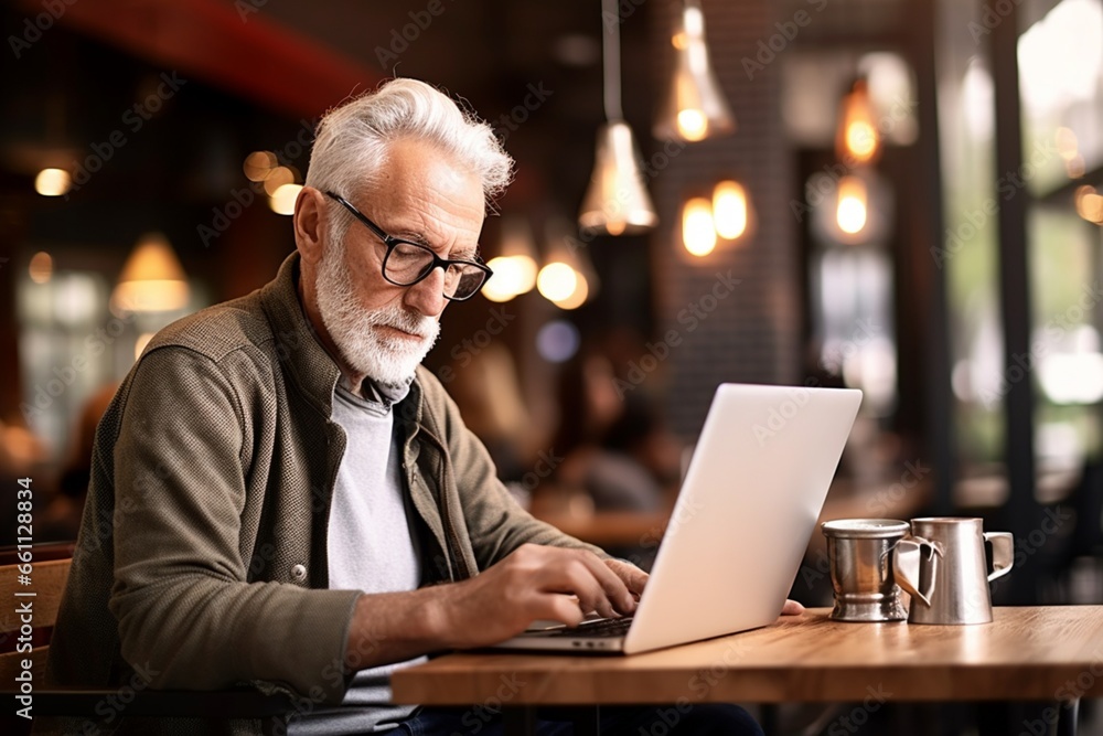 old mature man using laptop in cafe old mature man using laptop in cafe