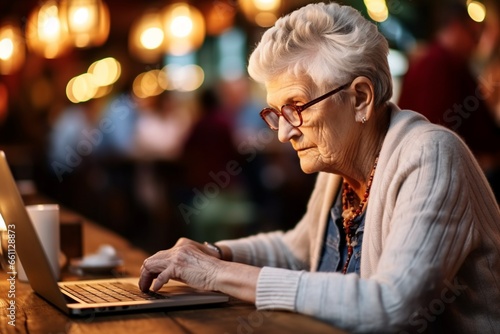 old mature woman using laptop in cafe