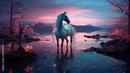 a mythical horse  its ethereal form translucent and luminescent  stands by the shores of an iridescent  otherworldly lake