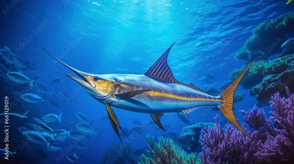 Fototapeta premium Giant atlantic tropical sea blue marlin underwater at bright and colorful coral reef