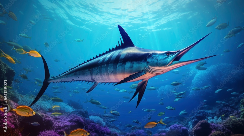 Obraz premium Giant atlantic tropical sea blue marlin underwater at bright and colorful coral reef