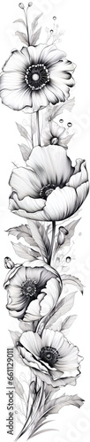 Black and white illustration. Floreal banner with flowers and leaves. Decoration drawing
