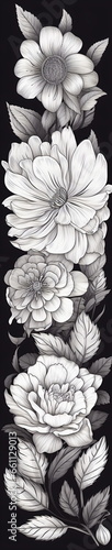 Black and white illustration. Floreal banner with flowers and leaves. Decoration drawing