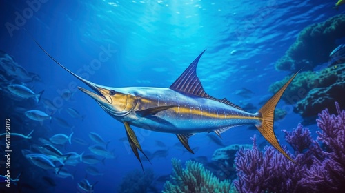 Giant atlantic tropical sea blue marlin underwater at bright and colorful coral reef