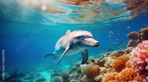 Giant tropical dolphin underwater at bright and colorful coral reef