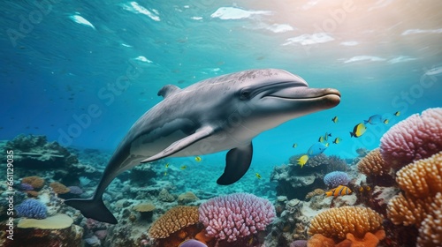 Giant tropical dolphin underwater at bright and colorful coral reef © shooreeq