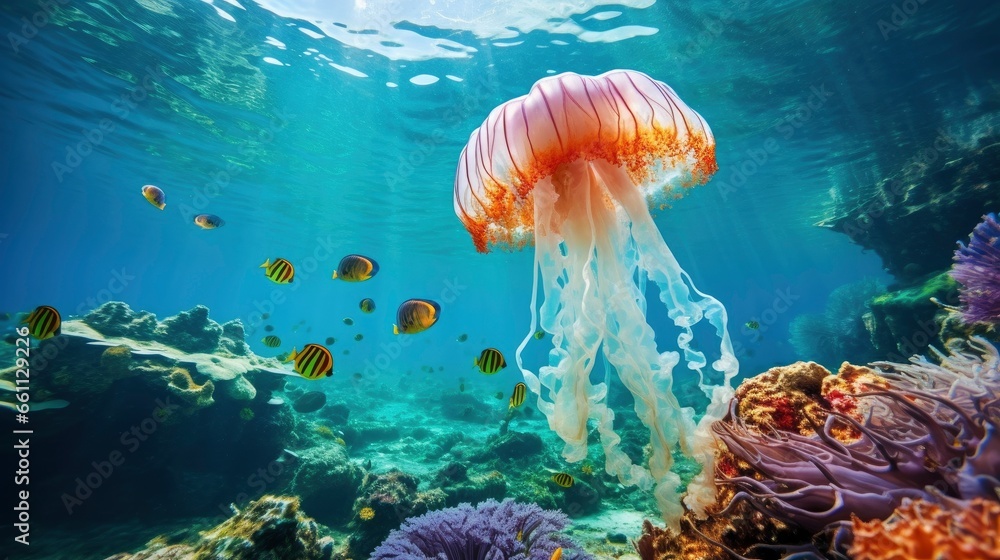 Giant tropical jellyfish underwater at bright and colorful coral reef - obrazy, fototapety, plakaty 