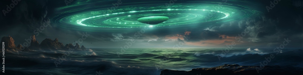 ufo from space in the sky with green hues. ufo from space in the sky with green hues.