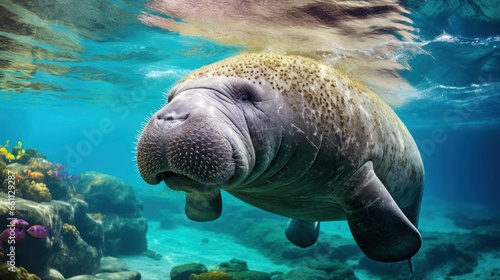 Giant tropical sea cow underwater at bright and colorful coral reef
