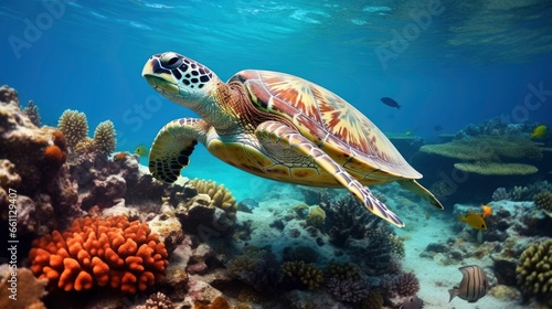 Giant tropical sea turtle underwater at bright and colorful coral reef