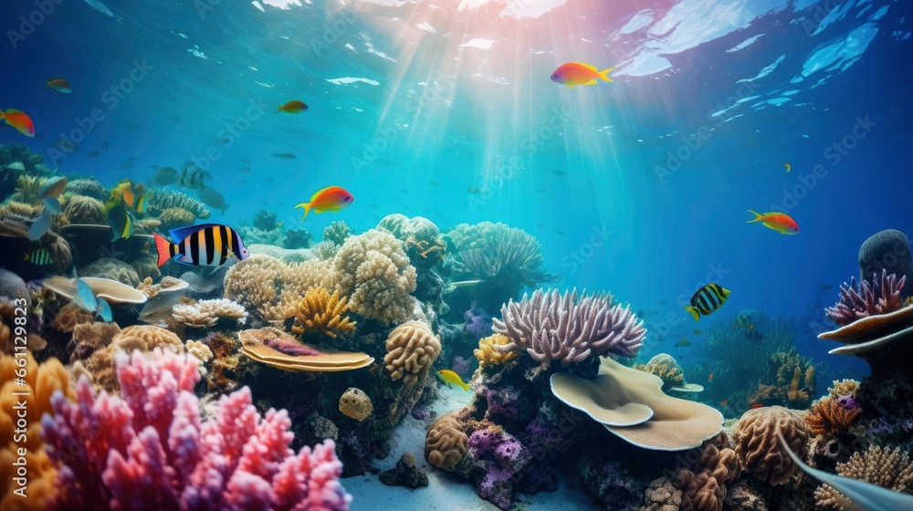 Obraz premium Bright and colorful underwater world, fishes and plants life on the background of coral reefs