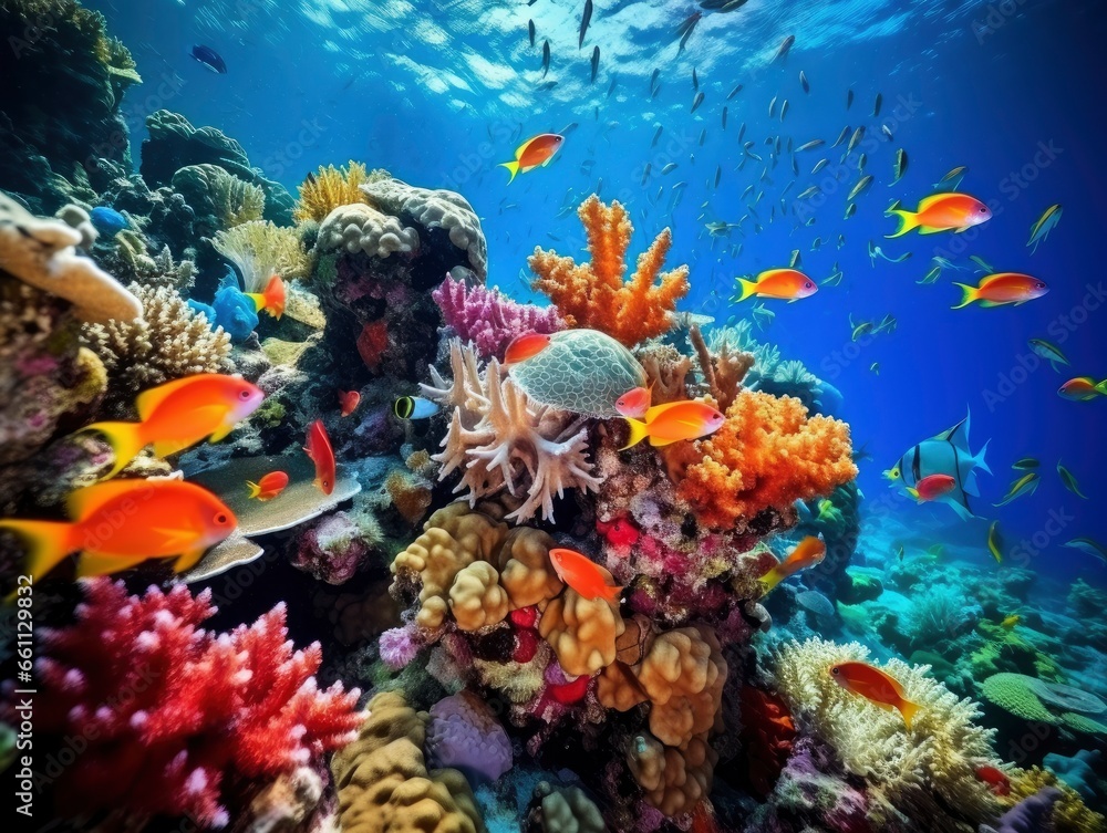 Obraz premium Bright and colorful underwater world, fishes and plants life on the background of coral reefs