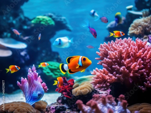 Bright and colorful underwater world  fishes and plants life on the background of coral reefs