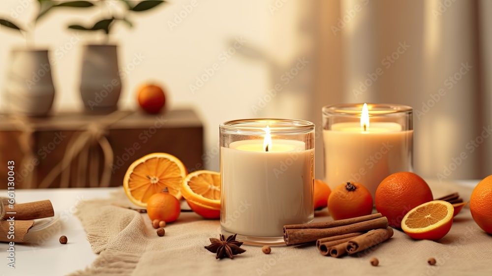 a lit scented candle, dried citrus, cinnamon, and miniature pumpkins, beautifully displayed in a modern setting.