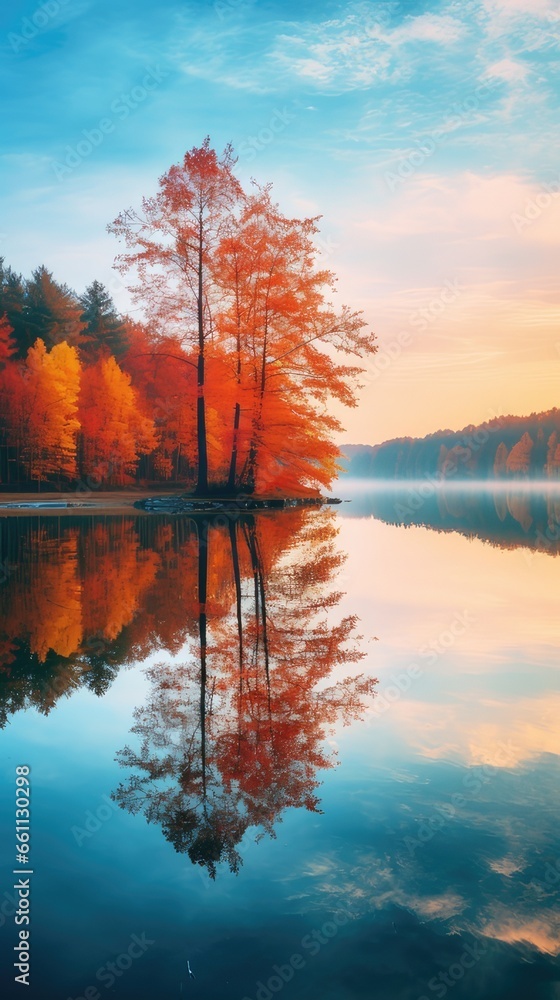 a calm lake reflecting the fiery foliage of trees, an ideal choice for a smartphone background.