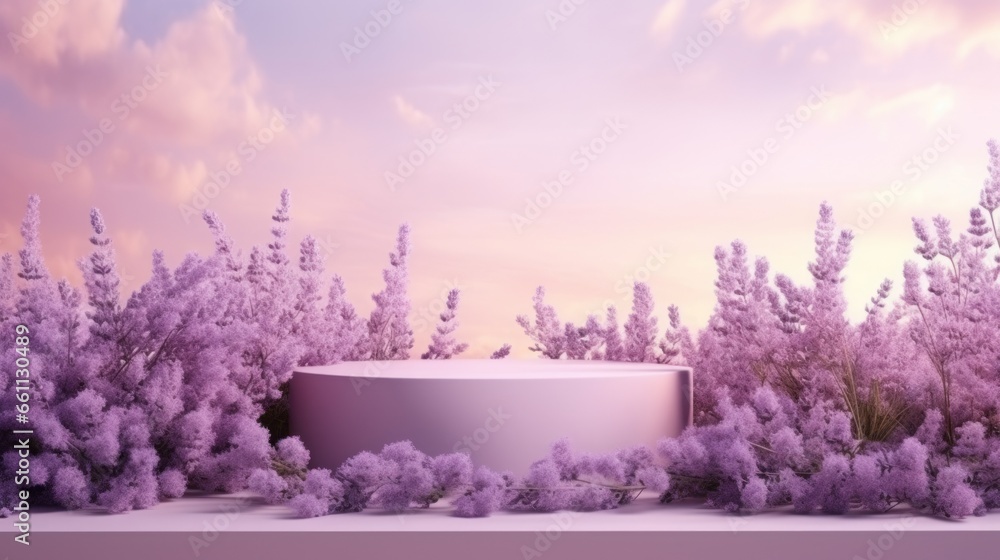 Lavender podium flower background purple product nature platform stand summer 3d table. Cosmetic podium lilac abstract field studio beauty flower spring lavender floral display plant backdrop crystal. - obrazy, fototapety, plakaty 