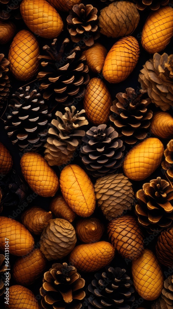 a composition of acorns, pinecones, and golden leaves, all arranged beautifully for an autumn-themed smartphone wallpaper. a composition of acorns, pinecones, and golden leaves, all arranged beautifully for an autumn-themed smartphone wallpaper.