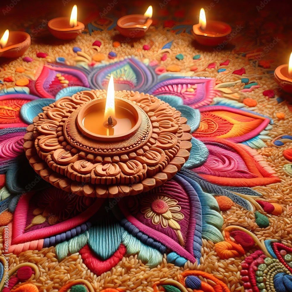 Happy Diwali. Lit diya lamp on the street at night. Happy Diwali festival with oil lamp, Diwali holiday Background with rangoli, Diwali celebration greeting card. 3D rendering Generative AI 
