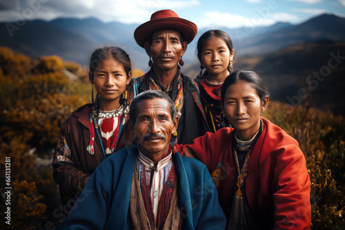 Portrait of an Andean indigenous family in the mountains.