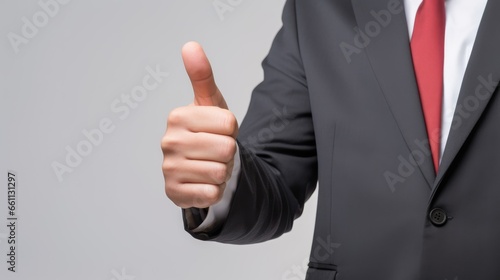 A man in a business suit giving the thumbs up sign, success in enterprise