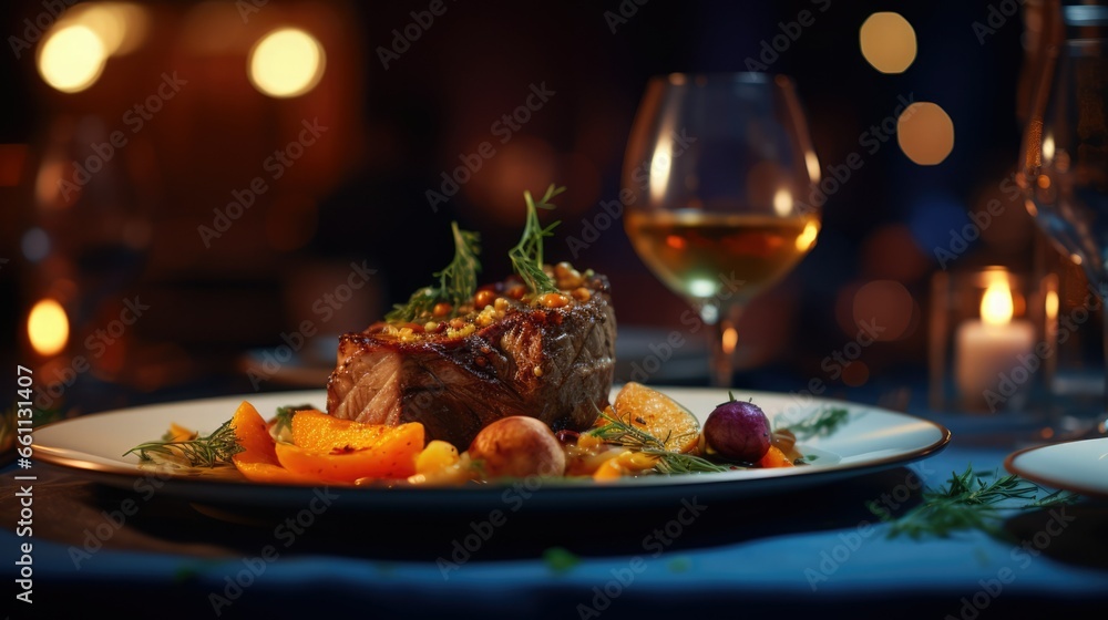 Fine Dining Experience Featuring a Delectable Winter-Themed Dish in a Refined Setting: Elegant Culinary Delight Fine Dining Experience Featuring a Delectable Winter-Themed Dish in a Refined Setting: Elegant Culinary Delight