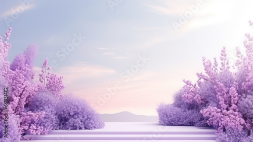 Lavender podium flower background purple product nature platform stand summer 3d table. Cosmetic podium lilac abstract field studio beauty flower spring lavender floral display plant backdrop crystal. © Максим Зайков