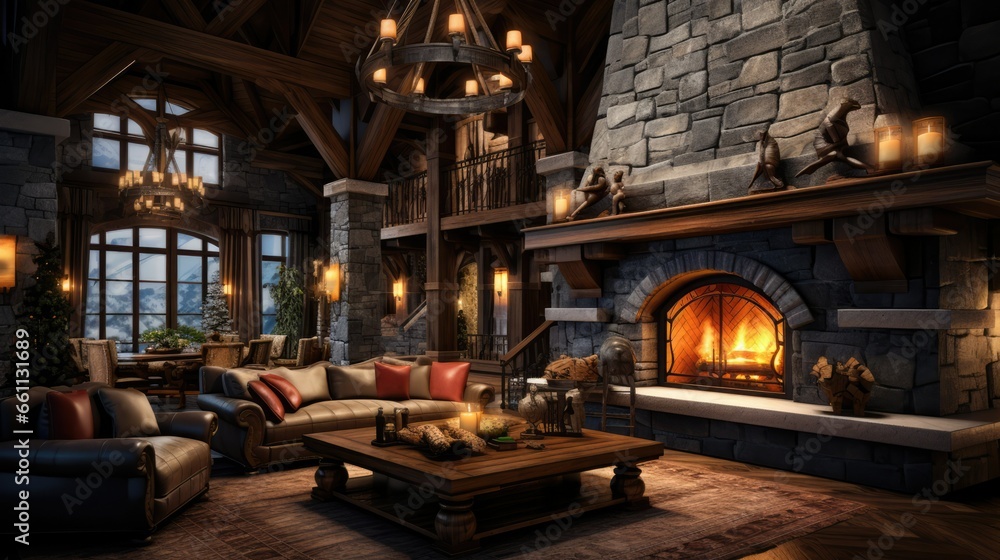 High-End Ski Resort Lobby with a Magnificent Grand Fireplace, Winter Retreat - obrazy, fototapety, plakaty 