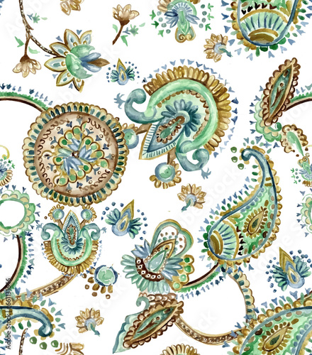 Seamless pattern with watercolor paisley motifs. Suitable for textiles and graphics. photo