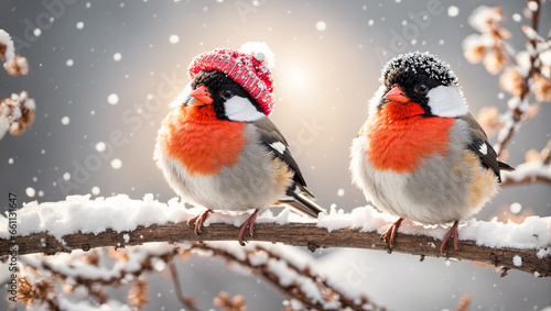 Cute funny cartoon bullfinch bird on a snowy branch