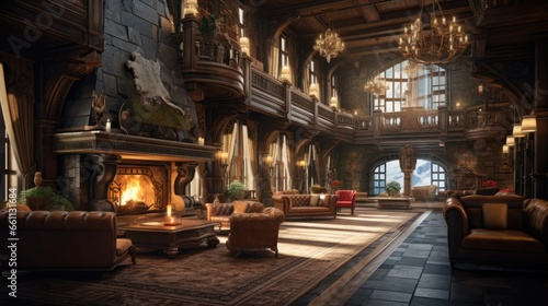 High-End Ski Resort Lobby with a Magnificent Grand Fireplace  Winter Retreat