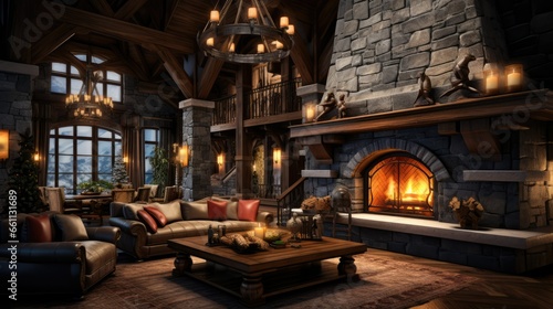 High-End Ski Resort Lobby with a Magnificent Grand Fireplace, Winter Retreat photo