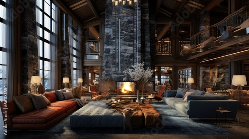 High-End Ski Resort Lobby with a Magnificent Grand Fireplace, Winter Retreat © thesweetsheep