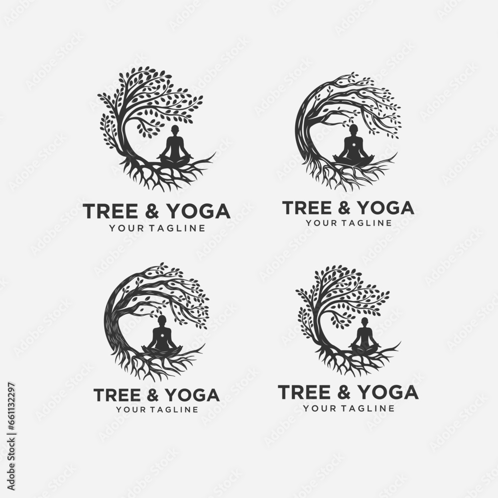  set dryad tree vector with yoga posed
