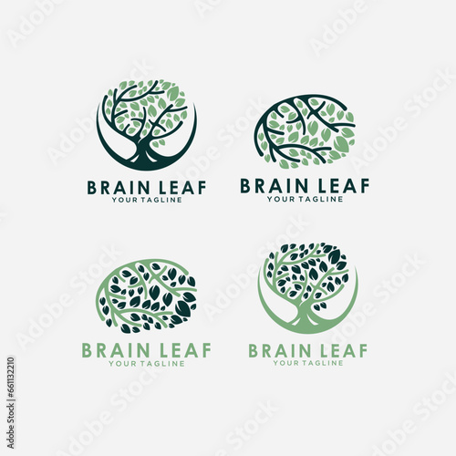Set of vector logo, icon, emblem design with brain tree. Think green, eco, save earth and environmental concept. Flat outline brain tree isolated illustration