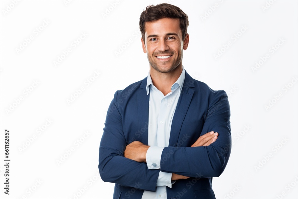 A business man stands against white background with his arms crossed.