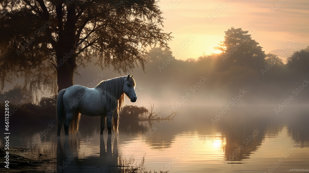 a magnificent horse stands majestically by the edge of a serene, mirror-like lake