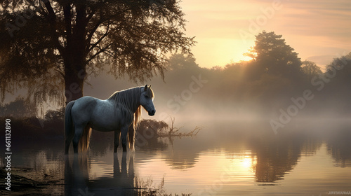 a magnificent horse stands majestically by the edge of a serene, mirror-like lake © Tanveer