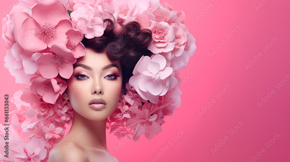 Art portrait of a brunette girl with pink flowers in her hair and professional makeup, on a studio pink background with copy space. The concept of naturalness of cosmetic products and cosmetology.