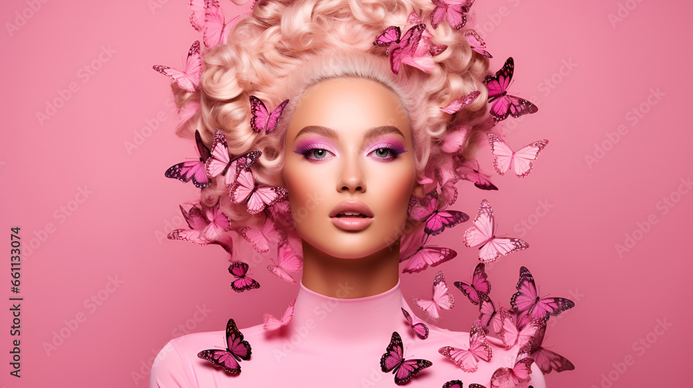 Art portrait of a woman with butterflies in her hair and professional pink makeup, fantasy in Barbie Pink style on a pink background with copy space. The concept of naturalness of cosmetic products. .
