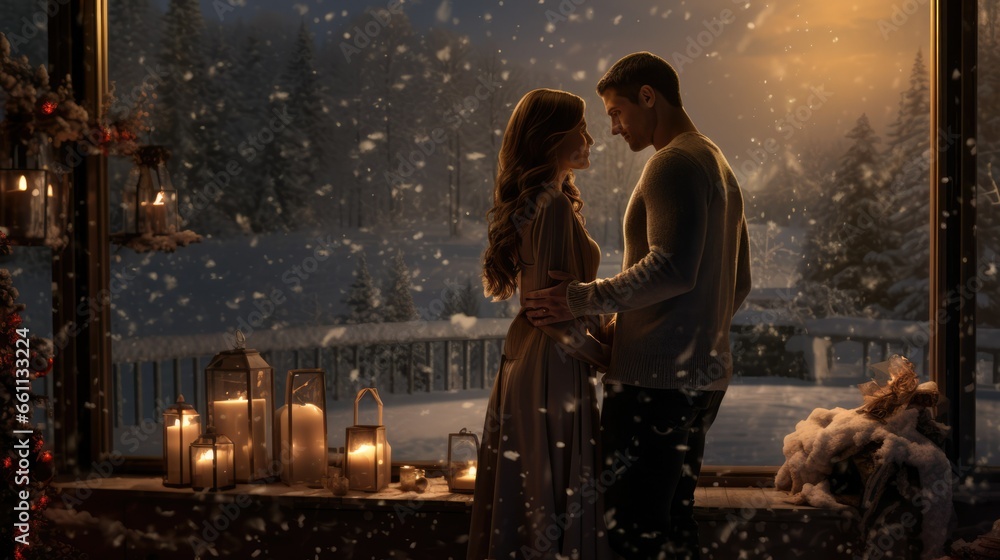 Couple in romantic winter together, luxurious setting Couple in romantic winter together, luxurious setting