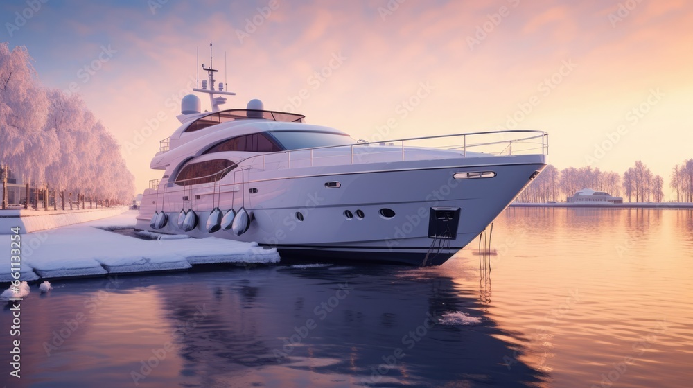 Sleek Yacht Resting in a Snow-Covered Marina, Nautical Tranquility, Winter Elegance Sleek Yacht Resting in a Snow-Covered Marina, Nautical Tranquility, Winter Elegance
