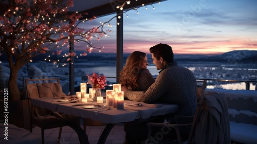 Couple in romantic winter together, luxurious setting