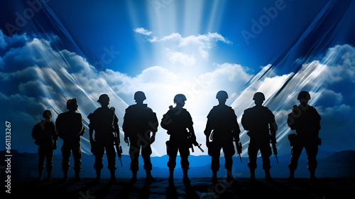 Eight military silhouettes against the background of a sunset sky in blue and the rays of the sun with copy space. Military service concept photo
