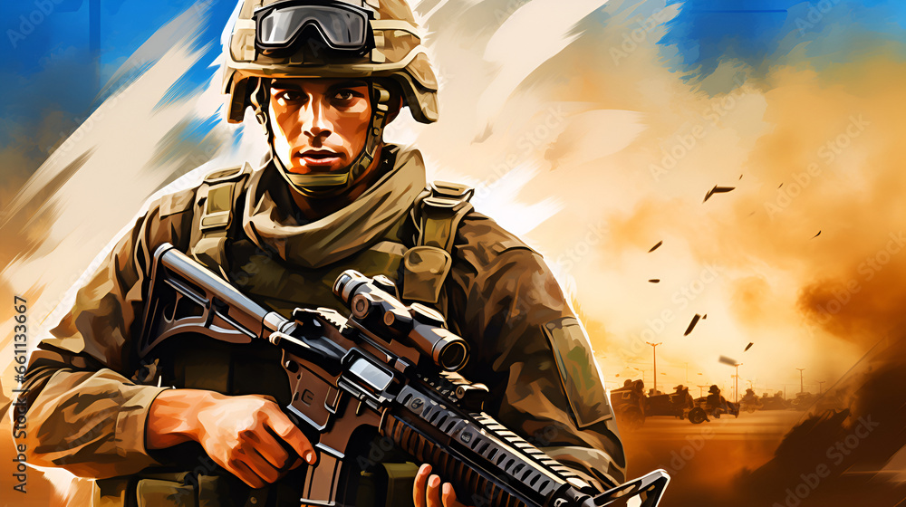 Portrait of a modern armed soldier against the background of a deserted landscape of a military base with copy space. Portrait of a modern armed soldier against the background of a deserted landscape of a military base with copy space.