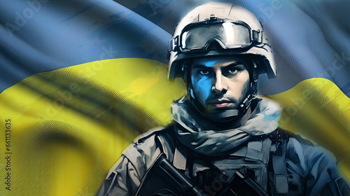 Portrait of a modern armed soldier against the backdrop of a waving Ukrainian yellow-blue flag and copy space. Concept of the War in Ukraine, Victory of Ukraine.