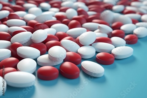 Red and white pills on a blue background. Medicine and pharmacy concept. 3D rendering. Generative AI