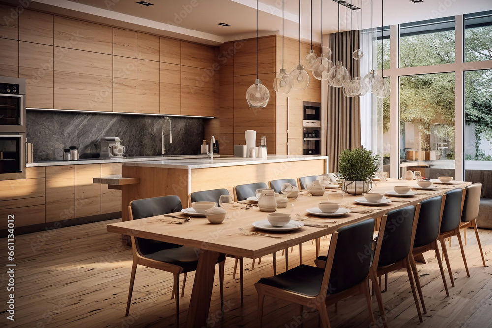 modern kitchen with wooden island - 3d rendering