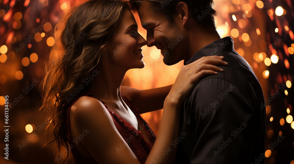 A couple locked in a passionate embrace while kissing beneath a mesmerizing display of fireworks A couple locked in a passionate embrace while kissing beneath a mesmerizing display of fireworks